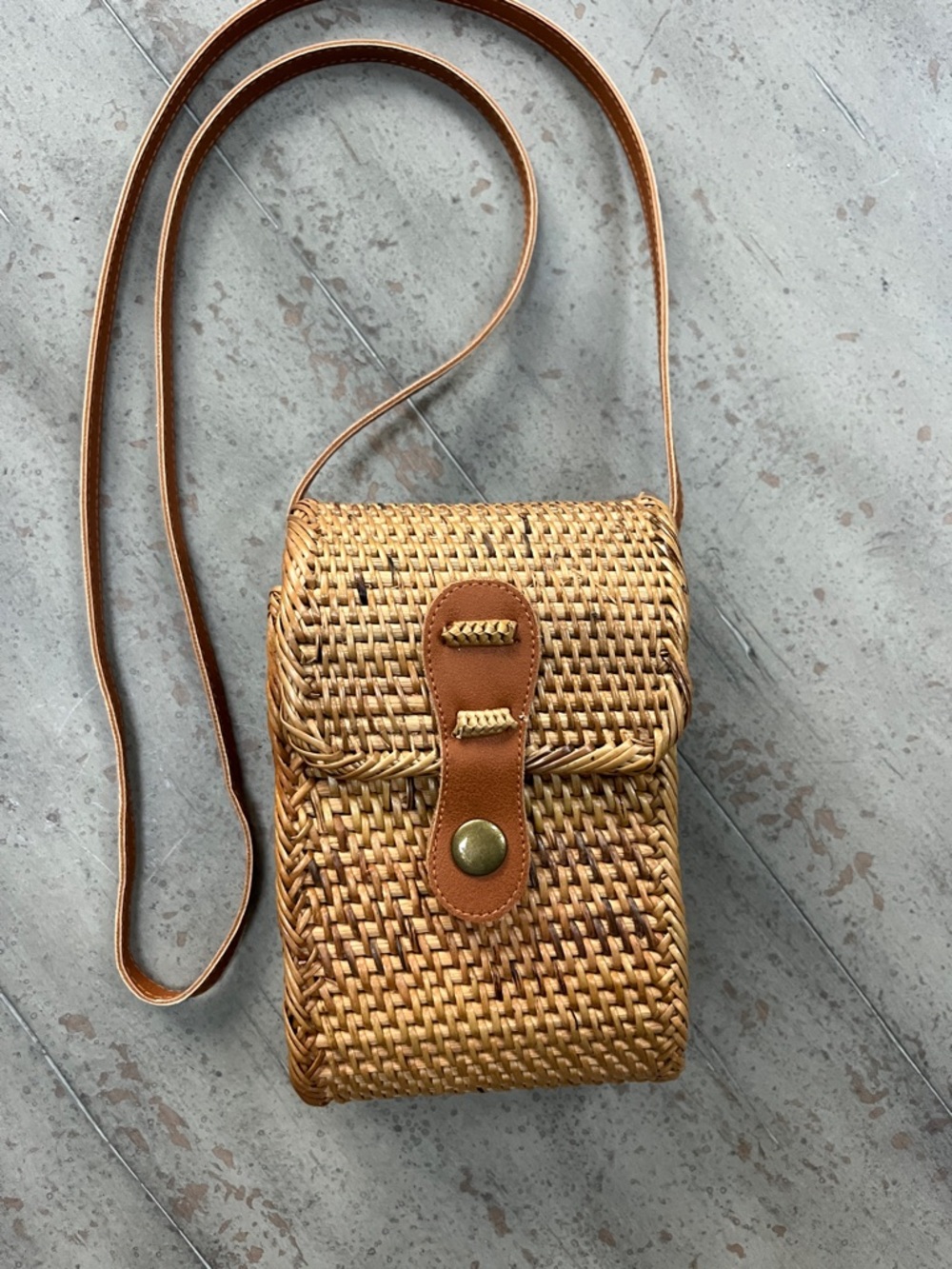 Woven camera Crossbody Bag in Tan